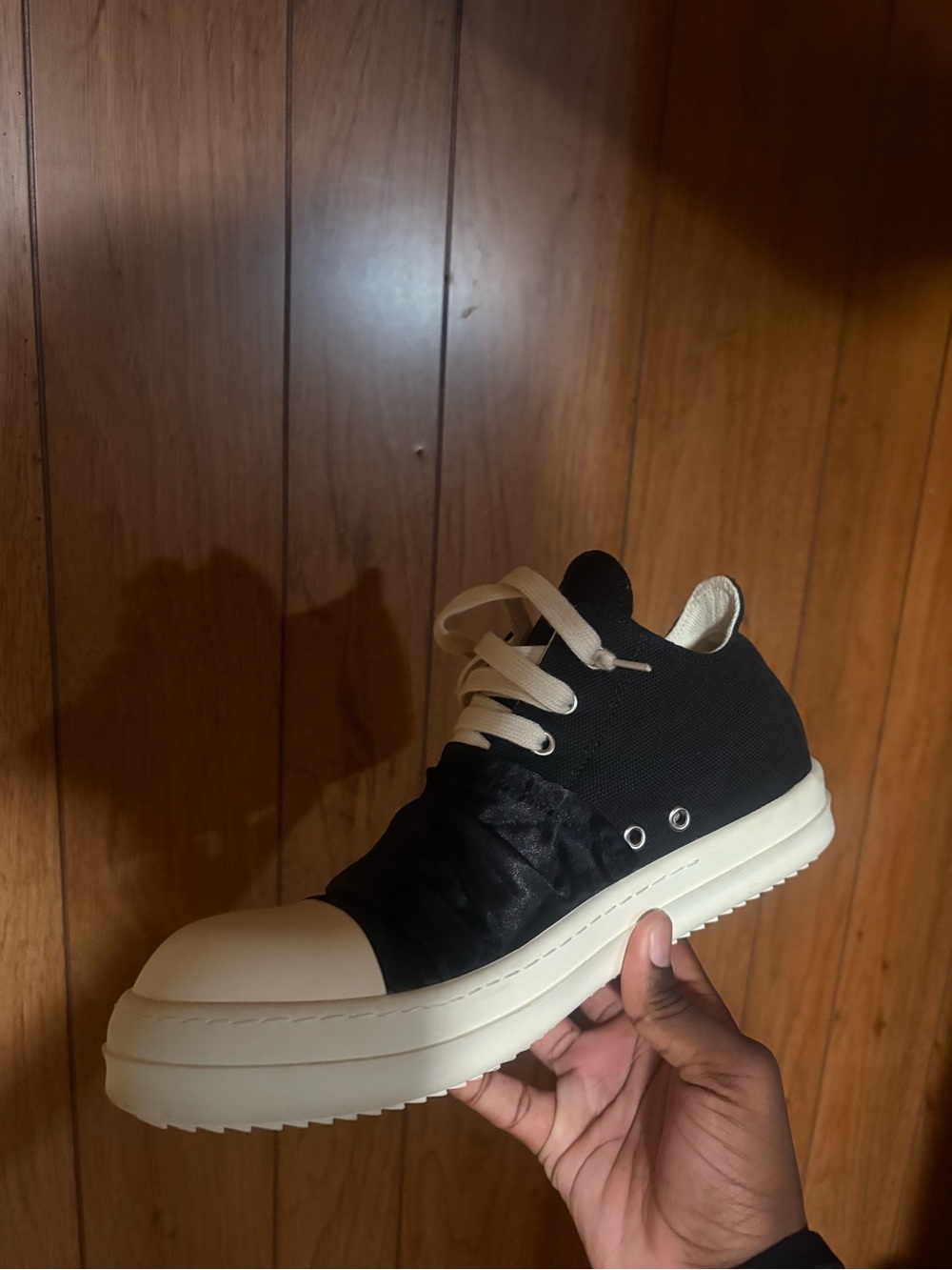 Rick Owens Black and Cream Low-Top Sneaker